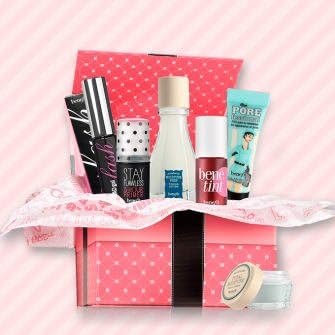 BENEFIT COSMETICS GLOW UP SKIN CARE AND MAKEUP GIFT SET - 6 TRAVEL SIZED ITEMS IN A BEAUTIFUL GIFT BOX