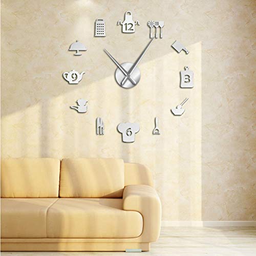 Dwqlx 27 Pouces Argent Cuisine Outils Bricolage Géant Horloge Murale Ustensiles De Cuisine sans Cadre Grand Mur Montre Moderne Salle À Manger Cuisine Art Déco Horloge