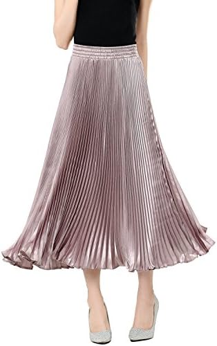 Relaxfeel Elastic Waist Metallic Luster Bright Silk Pleated Vintage Long Skirt