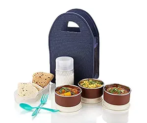 Karm Creation Deluxe Lunch Box || 3 Stainless Steel & 1 Plastic Container, 1 Plastic Glass and 2 Spoon Lunch Box Set with Carry Bag for Office, College and School for Men, Women Kids(Multi Color)