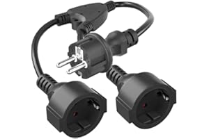 KEAGAR Schutzkontakt Verlängerungskabel, AC-Schuko-Y-Kunststoffkabel Kurzes mit 2 Klapp-Doppelsteckdosen für Heim, Büro, Außensteckdosen IP20, 3 x 1,5mm², bis 250V/16A, Schwarz