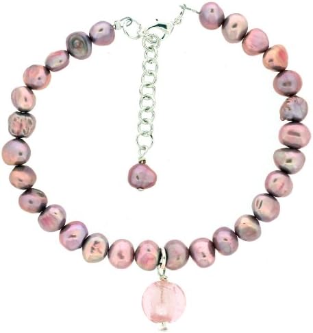 The Jewellery Factory Murano Style Lilac/Pink Bead and Fresh Water Pearl Silver Plated Bracelet of Length 23 cm
