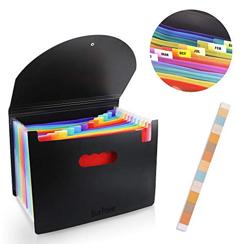 Ordner A4/Dokumentenmappe,BluePower 12 Fächern Sortiermappe Fächermappe Datei Organizer mit Gummizug und Verschlußknopf,A4 Dokumententasche Aktenmappe Ordnungsmappe mit bunten Labeln