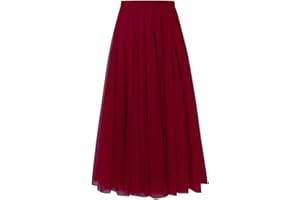 shownicer Femme Tulle Jupe Vintage Jupe en Tulle Taille A-Line Elastique Multi Couché Tutu Élégante Maxi Jupe Couleur Unie élastiques à Taille Haute