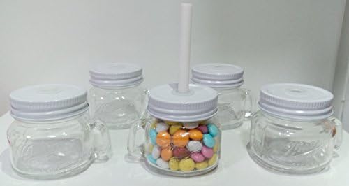 Set of 10Pcs Party Favour Jars Clear Glass Mason Jar Drinking Mugs with Handles and Straws White Screw Lid 6 x 5cm – Without Comfits/Sweets