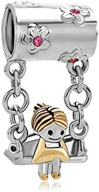 PugsterJewelry 22k Gold Rose Pink Crystal Cute Mother's Girl Sitting On Swings Bead Fits Pandora Charm Bracelet by CharmingJewelry