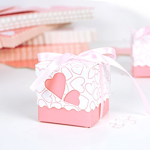 100 Stk. Bonboniere 5x5x5 cm (mit 100 Stk. SeidenBänder) Taufe Kartonage Geschenkboxen Hochzeit Pralinenschachtel Geschenkverpackung Süße Gastgeschenk süßigkeiten Weihnachten (Pink) - 4