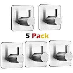 Auxmir 5 Pièces Crochet Adhésif 3M, Crochet Mural Salle de Bains En Acier Inox 3kg Max, Porte Serviette Auto-Adhesif Imperméable et Résistant à l'huile pour la Cuisine, le Salon et le Bureau