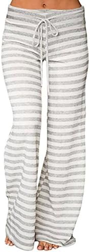 QBQ Women Stripe Palazzo Trousers Drawstring Cotton Casual Wide Leg Pants,Good For Party Holiday Yoga (Grey, X-Large)
