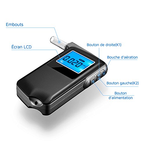 OMORC Éthylotest Numérique avec 6 Modes d'unités, Alcootest avec Écran LCD Haute Précision à la Fonction d'Enregistrement de Résultat de Test (20 Embouts inclus)