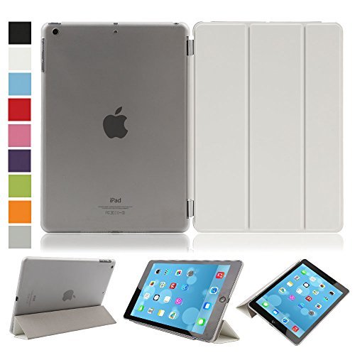Besmall Neu Ultra Slim Edles iPad Air iPad 5 Hülle - Smart Cover Leder Case Schutz Hülle Tasche + Back Case - inkl. Displayschutzfolie Reinigungstuch Stift mit Multi Ständer Auto Sleep Wake (iPad Air/iPad 5, Farbe:Weiß)