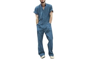 Oanviso Herren Overalls Einteiliges One-piece Sommer Jumpsuit Einfarbig Set Kurzarm mit Reißverschluss Hose Lang mit Taschen Mode Casual Overall Hemd mit Revers