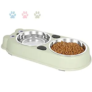 UPSKY Double Dog Cat Bowls Double Stainless Steel Pet Bowls with Cute Modeling Pet Food Water Feeder (Green)