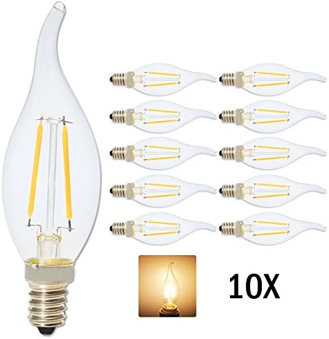 10-Pack E14 LED Candle Filament Bulbs 2W, 20W Clear Candle Bulbs Equivalent, Warm White 2700K Candelabra Bulb, 360 Degree Beam Angle, Non-Dimmable, LED Light Bulb, Small Edison Screw Candle Light Bulbs