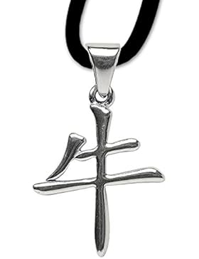 Chinesisches Sternzeichen Büffel Anhänger Amulett 925er Silber Schmuck mit Lederhalsband 02