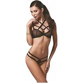 For Dreams Kadın Siyah Bantlı Fantezi İ&ccedil; Giyim Seti - Kafes Tasarımlı Şeffaf S&uuml;tyen ve Strappy K&uuml;lot Takımı - Seksi Modern Li