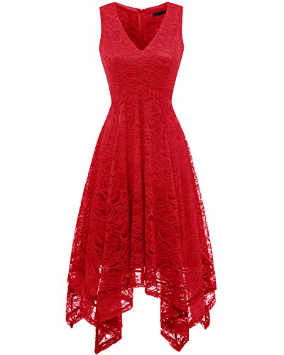 Bridesmay Robe Dentelle Femme Asymétrique Robe Demoiselle d'honneur Cocktail Bal Mariage Fête Robe de Soirée Pin up Col en V sans Manche Red 2XL