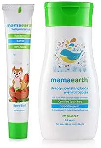 Mamaearth 100 Percent Natural Berry Blast Kids Toothpaste, 50g & Deeply Nourishing wash for Babies (200 ml, 0-5 Yrs) Combo