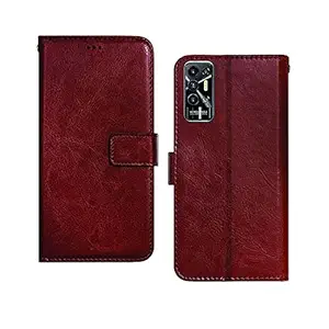 Pinaaki Enterprises Tecno Pova 2 PU Leather Vintage Flip Cover Case | Wallet Stand |Complete Protection Cover for Tecno Pova 2 - Brown