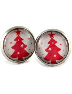 Katharina Fairytale Damen Mädchen Ohrringe Weihnachtsbaum Motiv weiß rot Cabochon 12mm silber