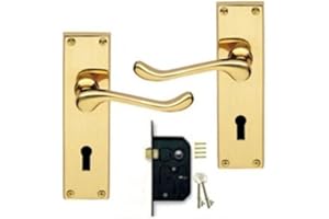 DISCOUNT HARDWARE UK Victorian Scroll Polished Brass Lever Lock Door Handles + 2 Lever Lock Set +2 Keys