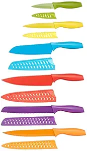 AmazonBasics 6 Stainless-Steel Colored Knives Set with Knife Covers