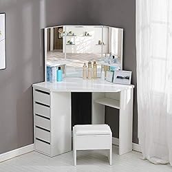 OFCASA Coiffeuse Coiffeuse avec Tabouret Tabouret et Miroir Coiffeuse 3 Miroir 5 Tiroirs Blanc Bois Tabouret Coiffeuse Coin Incurvé Forme 114*61*140cm