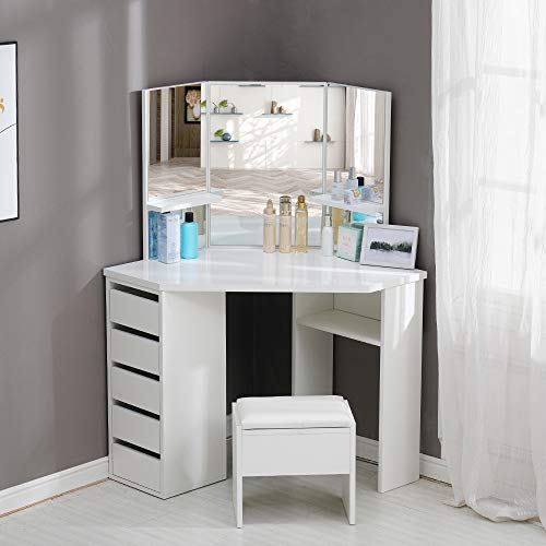 OFCASA Coiffeuse Coiffeuse avec Tabouret Tabouret et Miroir Coiffeuse 3 Miroir 5 Tiroirs Blanc Bois Tabouret Coiffeuse Coin Incurvé Forme 114*61*140cm