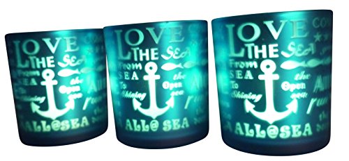 khevga Windlicht aus Glas maritime Deko in blau 3er Set