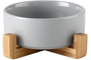 HCHLQLZ Grey 5 inch Ceramic Cat Bowl with Wood Stand No Spill Pet Food Water Feeder Cats Small Dogs