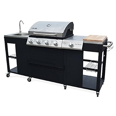 Alice's Garden - Barbecue, cuisine extérieure gaz - D'Artagnan - Barbecue 4 brûleurs + 1 feu latéral, inox et noir, évier, planche à découper bois, ustensiles, thermomètre