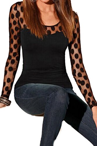 Sevozimda Le Maglie A Maniche Lunghe Elegante Slim Pois Maglietta sopra. Black S