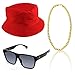 Produktbild Beelittle 3pcs 80er / 90er Jahre Hip Hop Kostüm Kit Old Style Coole Rapper Outfits - Bucket Hat übergroße Schwarze Sonnenbrille Gold Plated Chain (C)