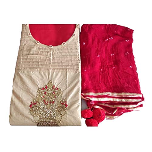 Monika Silk Mill Women's Cotton Satin Heavy Embroidered Un Stitched Dress Materials