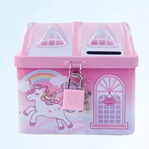 Urban Festivities Unicorn Piggy Bank for Girls Kids with Lock and Key | House Shape Metal Coin Bank