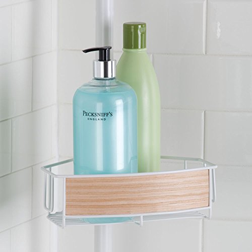 InterDesign RealWood Teleskop Duschregal | mit Handtuchhalter und Haken | hochwertige Duschablage ohne Bohren | vierfacher Duschkorb für mehr Stauraum | Metall mit Echtholz - 4