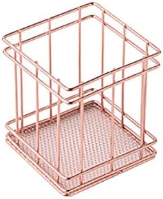 DaoRier Plating Metal Pen Holder Desktop Storage Basket Square Shape 9 * 10cm Makeup Brush Pot Pen Container (Rose Gold)