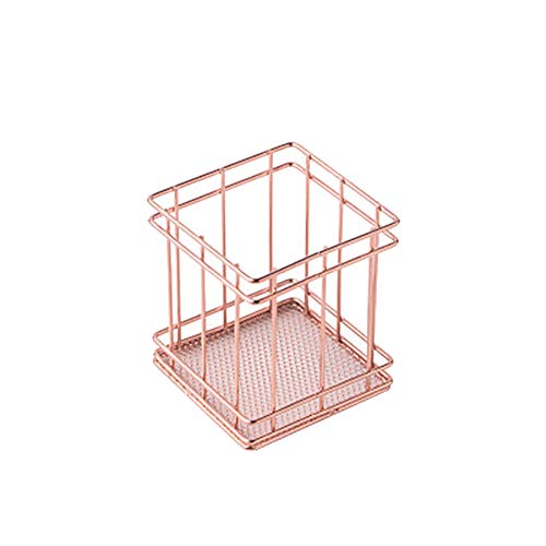 DaoRier Plating Metal Pen Holder Desktop Storage Basket Square Shape 9 * 10cm Makeup Brush Pot Pen Container (Rose Gold)