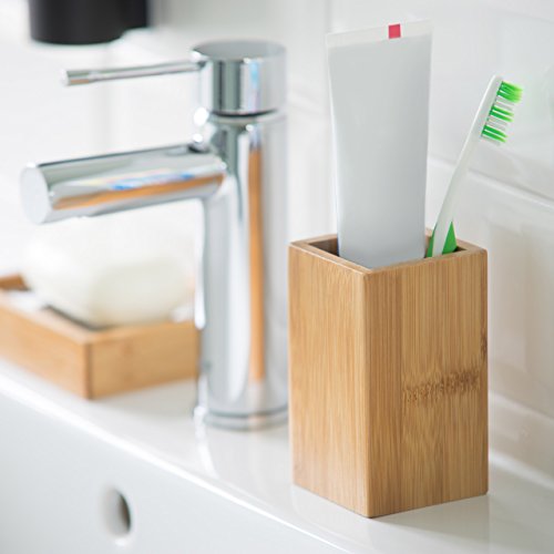 Relaxdays Zahnputzbecher Bambus eckig, natürliches Design, HxBxT: 11,5 x 6,5 x 6,5 cm, Natur - 2