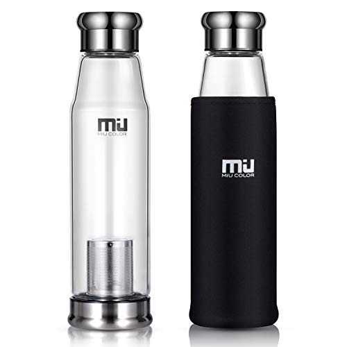 MIU COLOR 22 oz botella de agua - BPA y libre de PVC y de plomo de cristal con infusor de té y funda de nailon, casual , Manga negra