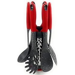KLAUS Kit Originaux de 7 Ustensiles de Cuisine en Silicone Red de Haute qualités antiadhésif - avec égouttoir/Support/Multicolore Ensemble Cadeau