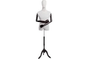 Eurotondisplay - A-9-T-G - Mannequin de couture - Avec torse et tête recouverts de lin - Bras et doigts en bois réglables à volonté - Support en bois foncé (A-9-T-G homme)