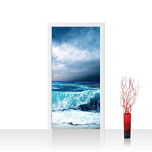 Türtapete selbstklebend 100x211 cm PREMIUM PLUS Tür Fototapete Türposter Türpanel Foto Tapete Bild - BLUE SEASCAPE - Ozean Meer Wasser See Welle Sturm Blau Türkis - no. 100