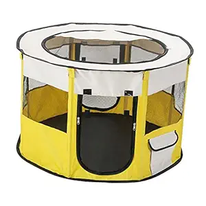 Aswadh Portable Pet Playpen Foldable Dog Cat Play Pen Mesh Cage Play Tent Yellow M