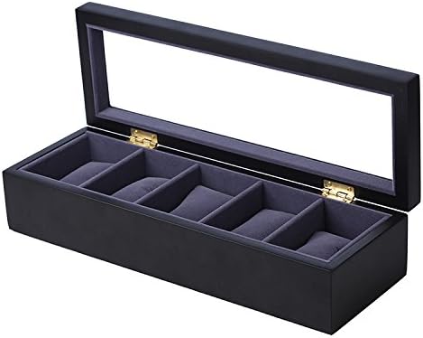 Wooden Watch Box for 5 Watches, black with dark blue velvet, real glass display window