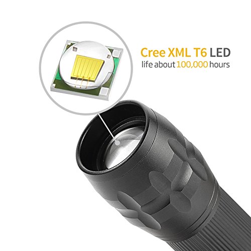 Taschenlampe LED T6 Sehr Helles Licht Flugzeug-Klasse Aluminium IPX6 Wasserfest, Schwarz - 4