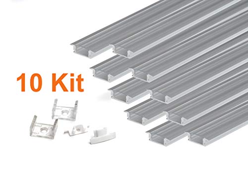 KingLed -10 Pack Profilés Encastrables en Aluminium Anodisé LED de 1M chacun; Modèle CC-31 pour Bandes à LED avec Couverture Transparent en Plexiglas. Capuchons et Clips de fixation. Code 0461