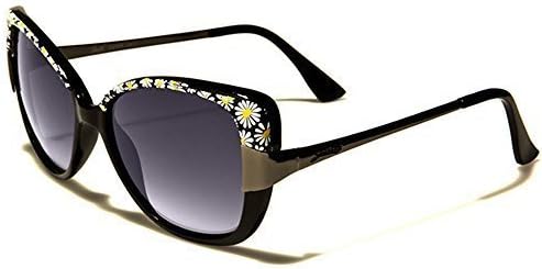 Giselle Cat Eye Vintage Stylish Women Ladies Sunglasses Free BeachHutSunglasses pouch included (BLACK/WHITE FLOWERS/BLACK LENSES)