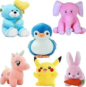 Soniya Enterprises Low Budget Edition Classic Super Soft Combo of 6 Stuffed Toys for Kids , Balloon Teddy , Appu Elephant, Penguin , Unicorn , Pikachu , Rabbit (Teddy Bear)