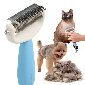 Pet Dematting Brush - Undercoat Rake Deshedding Tool for Long Haired Dogs & Cats - Double-Sided Detangler for Grooming Fur (Cotton Blue)